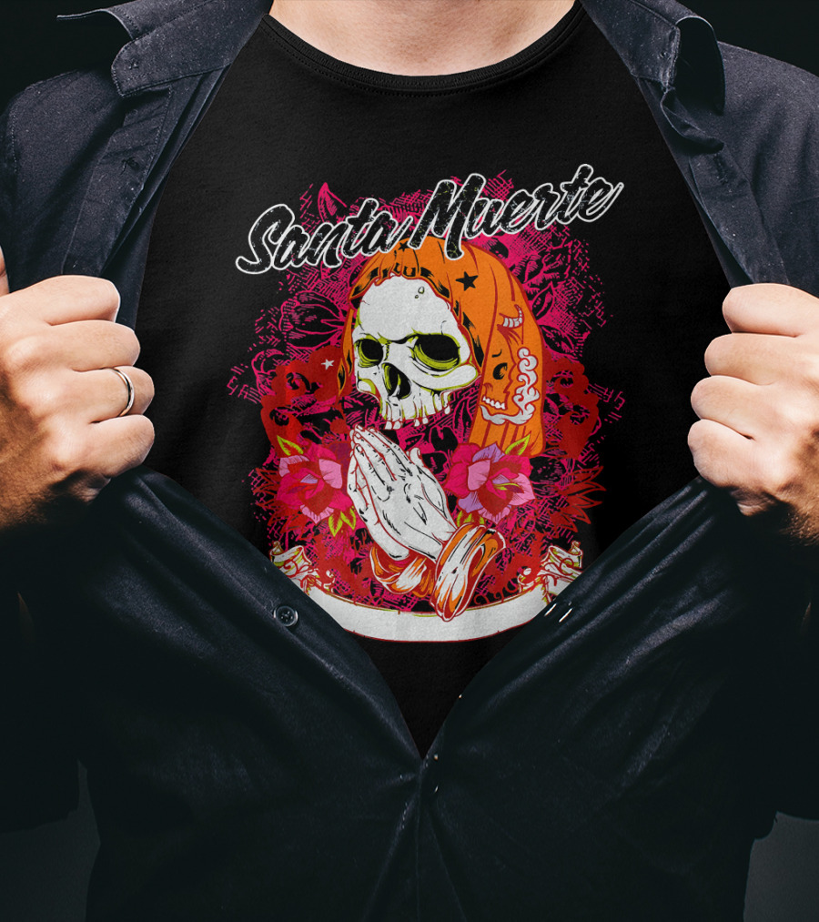 Santa Muerte Mexican Day Of The Dead Praying Skull With Flowers T-Shirt