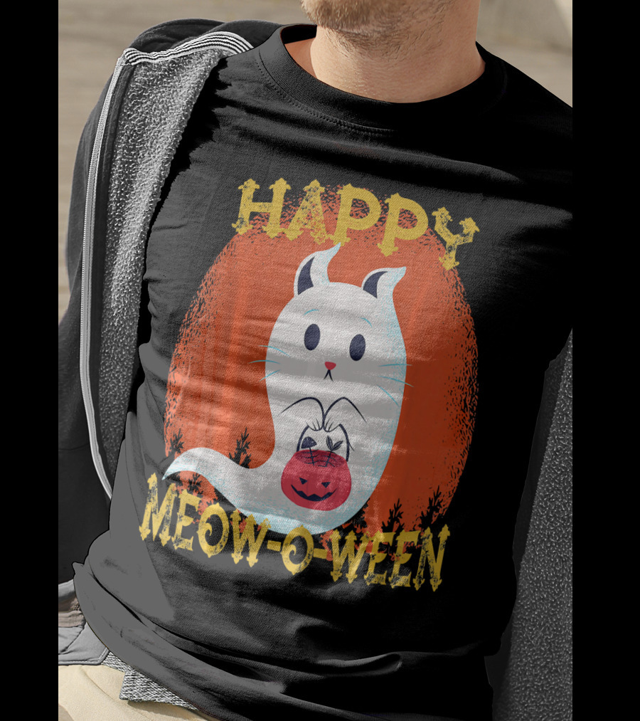 Happy Meow O Ween Cat Ghost With Pumpkin Bag T-Shirt