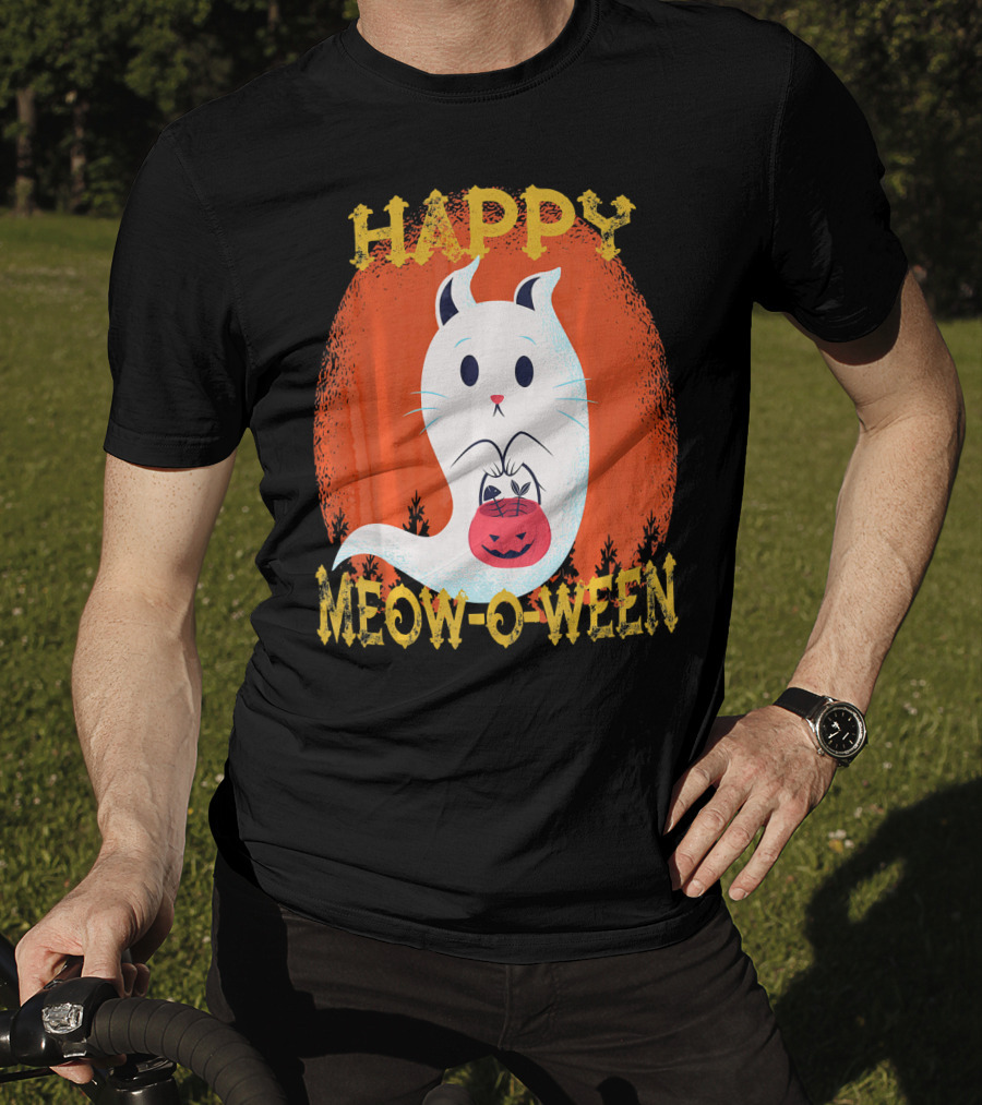 Happy Meow O Ween Cat Ghost With Pumpkin Bag T-Shirt