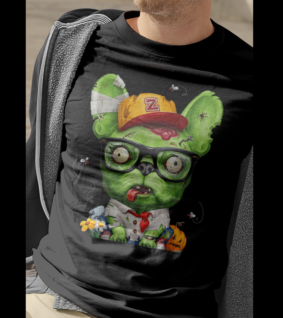 French Bulldog Wearing Zombie Glasses Halloween Hat T-Shirt