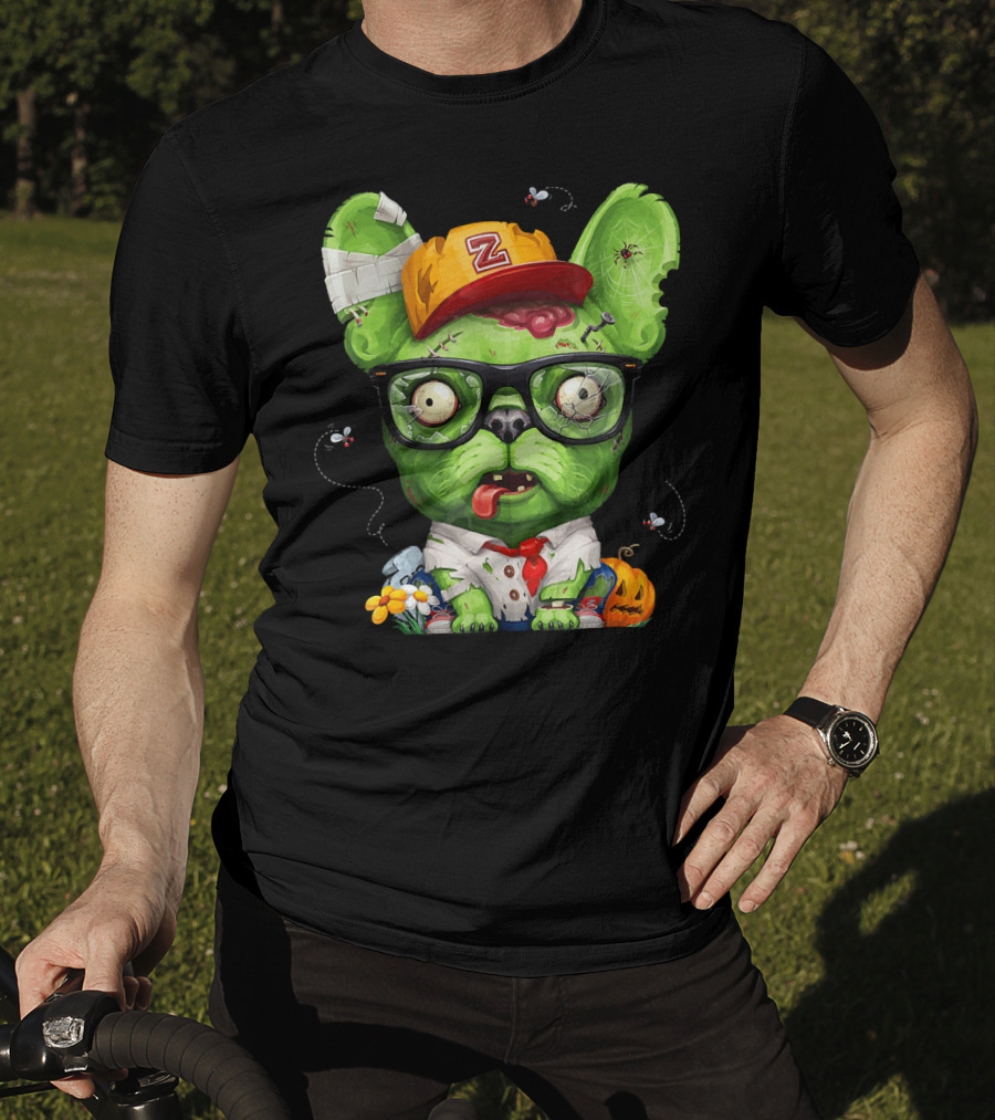 French Bulldog Wearing Zombie Glasses Halloween Hat T-Shirt
