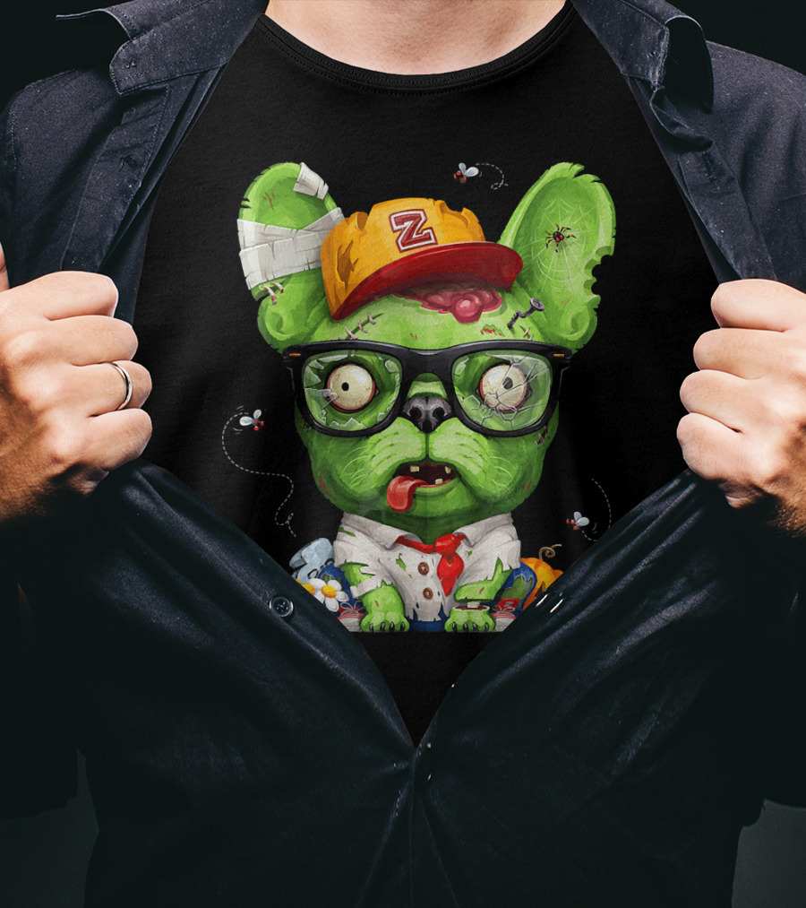 French Bulldog Wearing Zombie Glasses Halloween Hat T-Shirt
