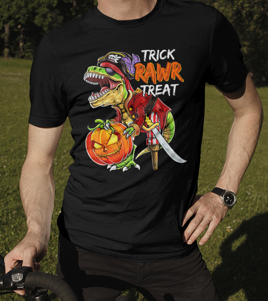 Trick Rawr Treat Pirate Dinosaur Halloween Pumpkin Jack T-Shirt