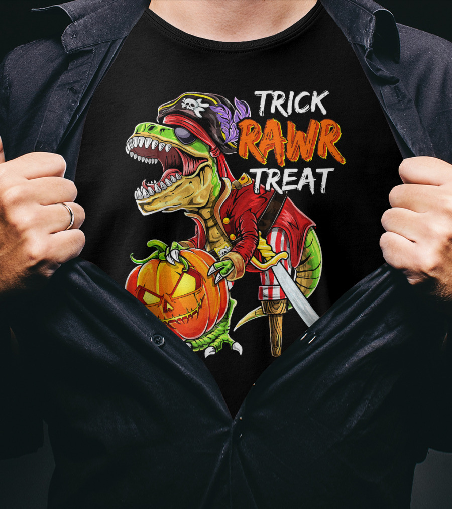 Trick Rawr Treat Pirate Dinosaur Halloween Pumpkin Jack T-Shirt