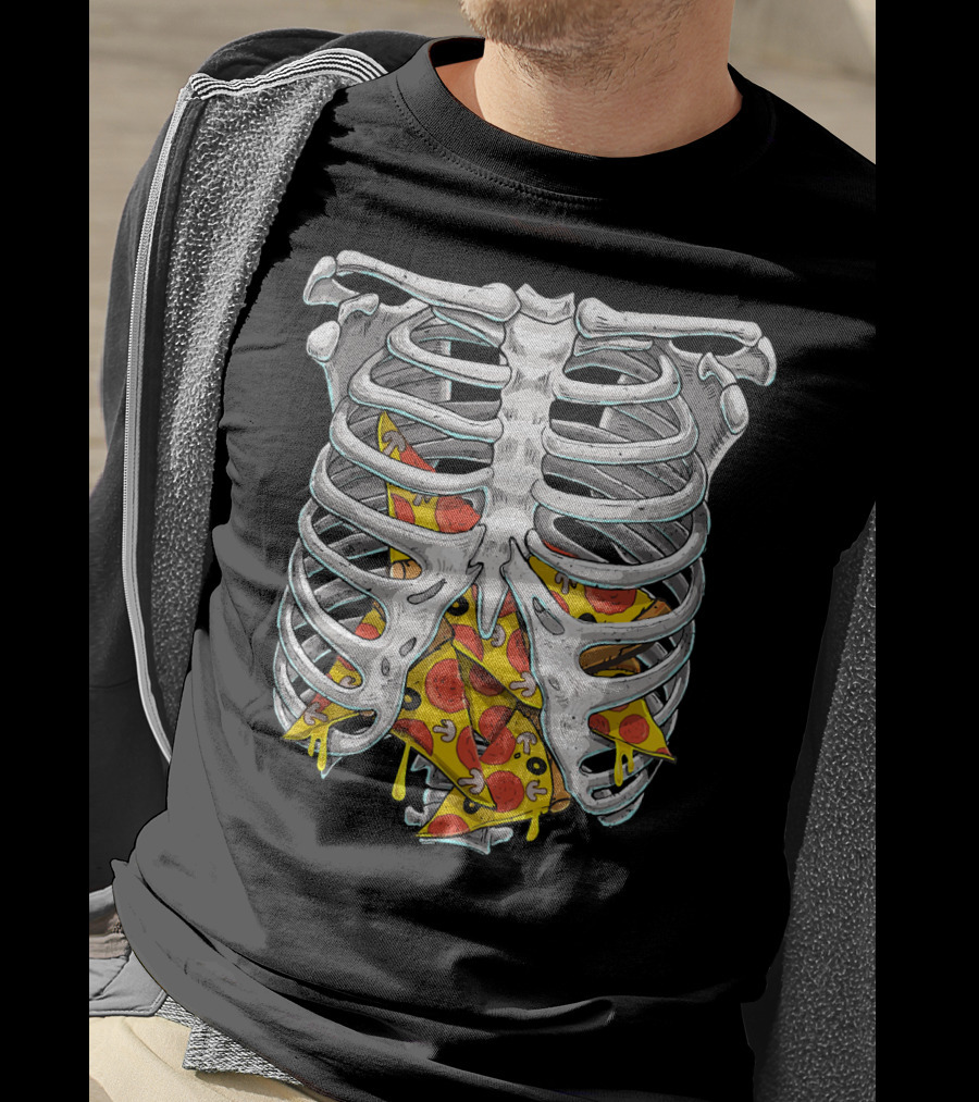 Skeleton Rib Cage Halloween Pizza Slices Inside T-Shirt