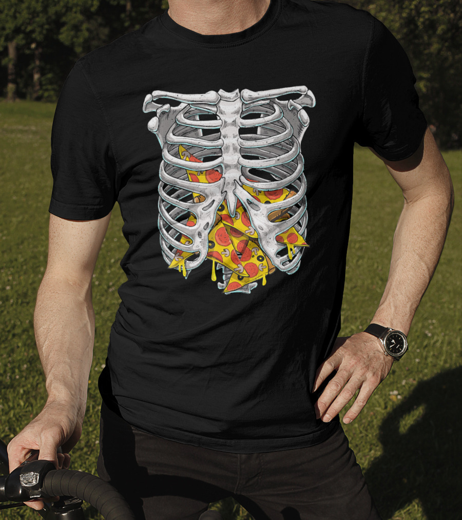 Skeleton Rib Cage Halloween Pizza Slices Inside T-Shirt
