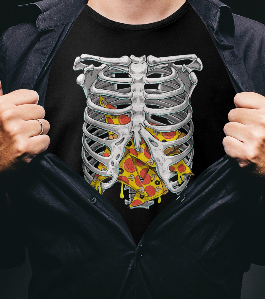 Skeleton Rib Cage Halloween Pizza Slices Inside T-Shirt