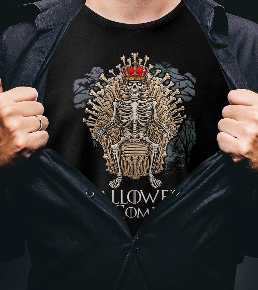 Halloween Is Coming Funny Skeleton Bone Throne With Crown T-Shirt