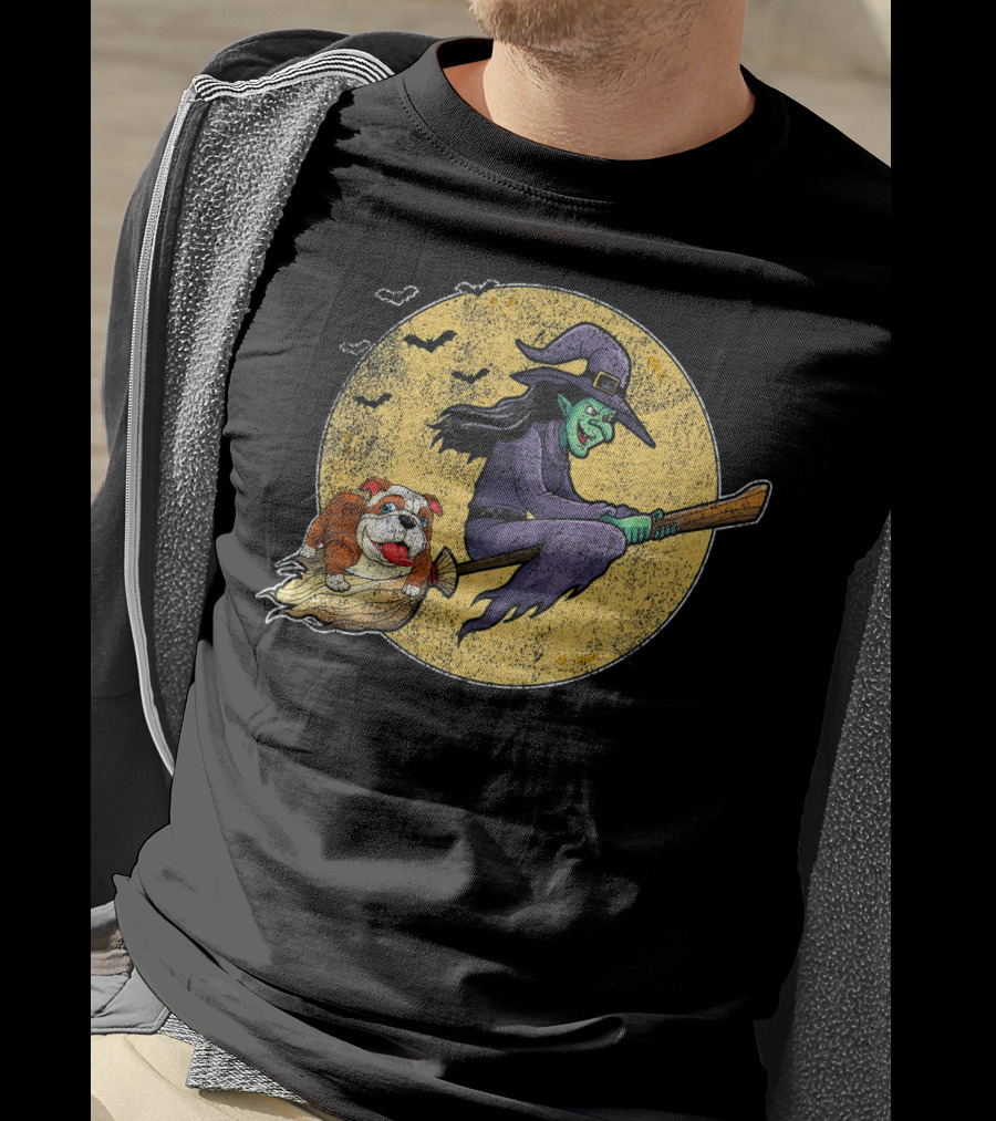 Halloween Witch Bulldog Dog Lovers Flying Grunge Full Moon Scene T-Shirt