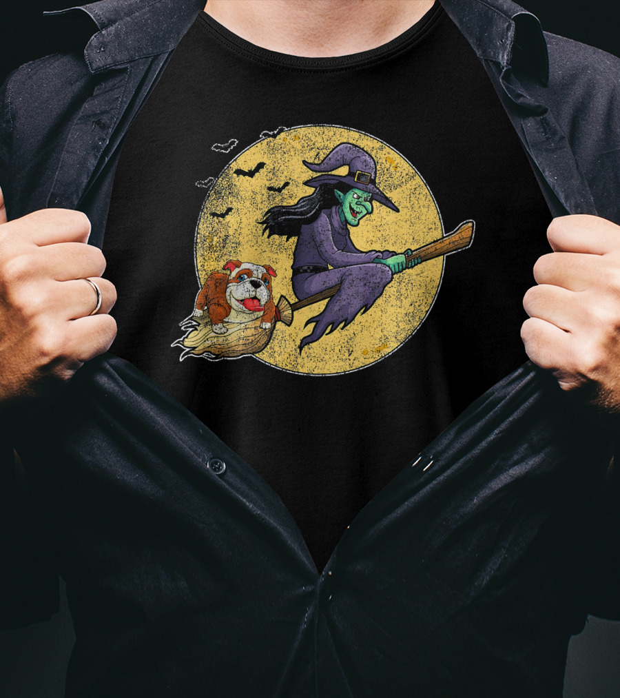 Halloween Witch Bulldog Dog Lovers Flying Grunge Full Moon Scene T-Shirt