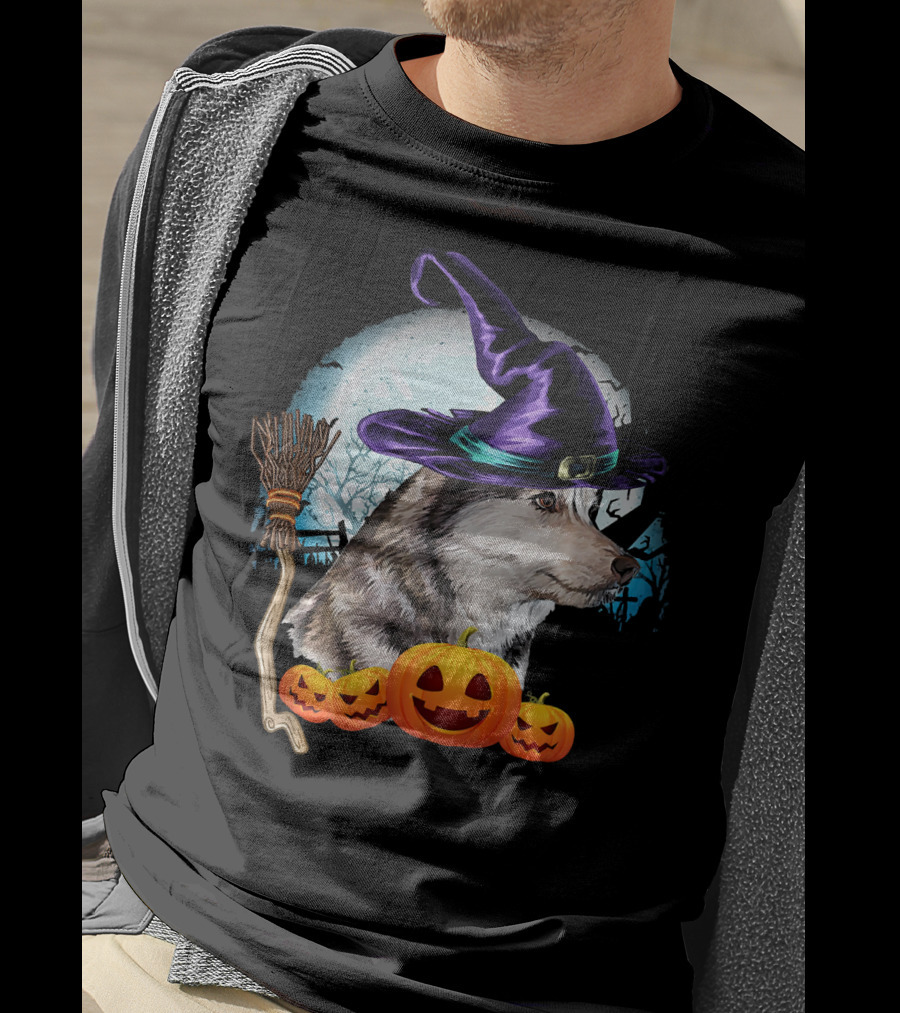 Husky In Witch Hat With Pumpkins And Broom Halloween Scene T-Shirt