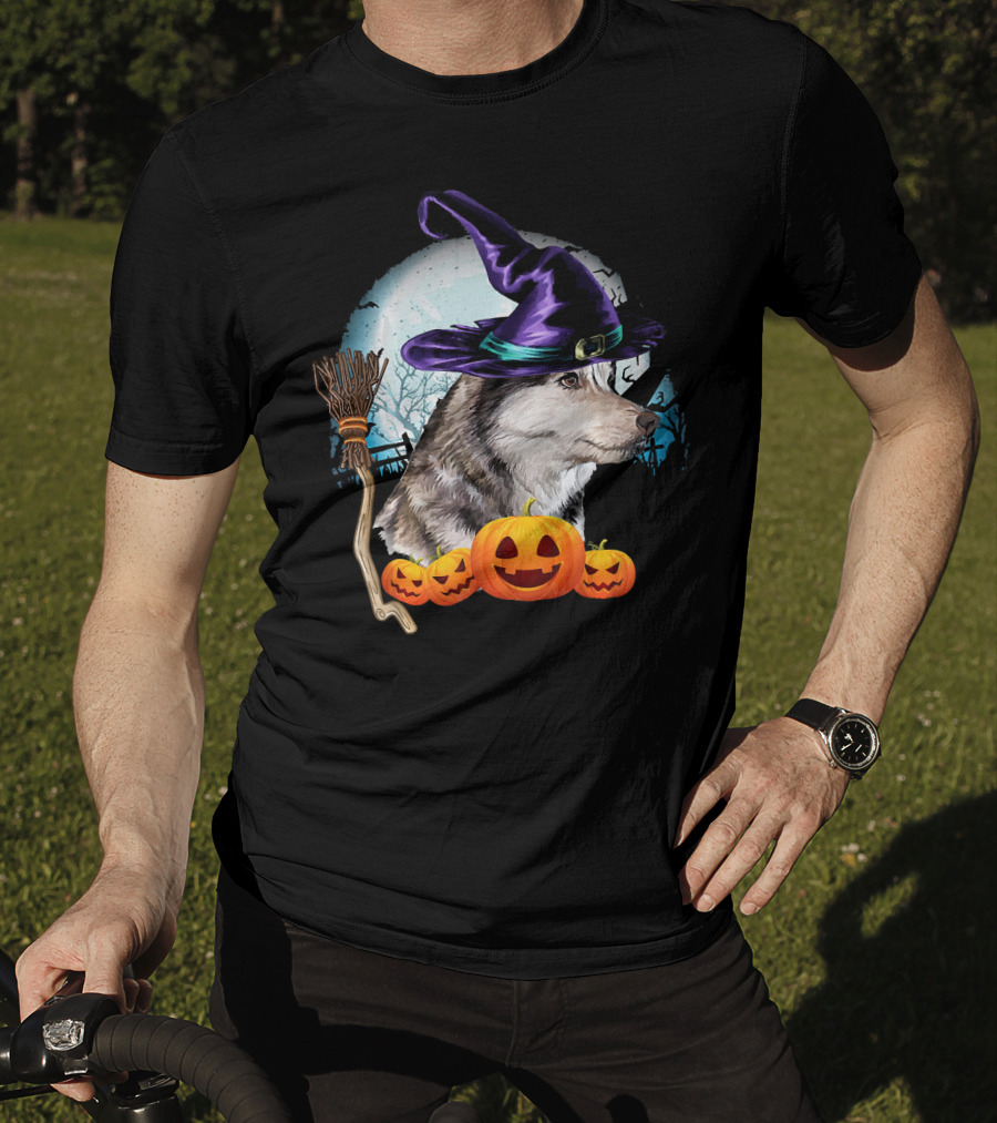Husky In Witch Hat With Pumpkins And Broom Halloween Scene T-Shirt