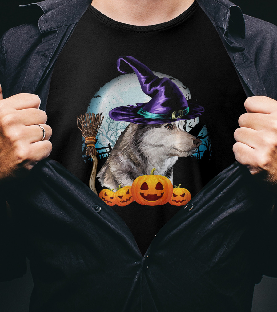 Husky In Witch Hat With Pumpkins And Broom Halloween Scene T-Shirt