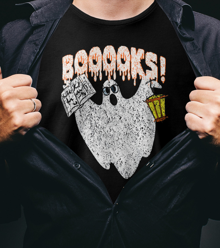 Booooks Spooky Ghost With Open Scary Book And Lantern T-Shirt