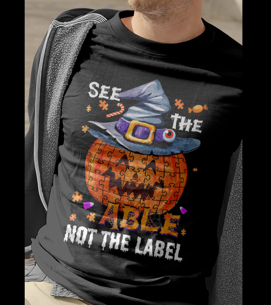 See The Able Not The Label Autism Awareness Halloween Pumpkin Puzzle Hat T-Shirt