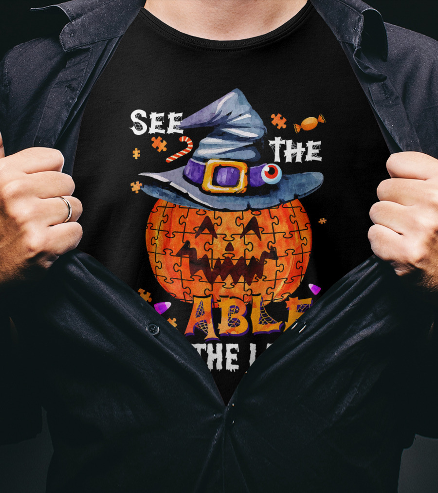 See The Able Not The Label Autism Awareness Halloween Pumpkin Puzzle Hat T-Shirt