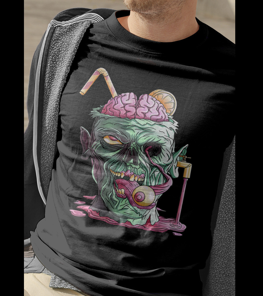 Zombie Face Brain Halloween Zombies Straw Brain Drink Eyeball Tongue T-Shirt