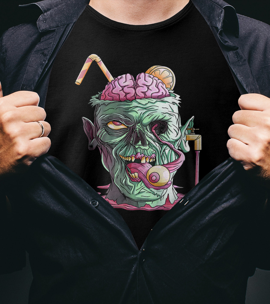 Zombie Face Brain Halloween Zombies Straw Brain Drink Eyeball Tongue T-Shirt