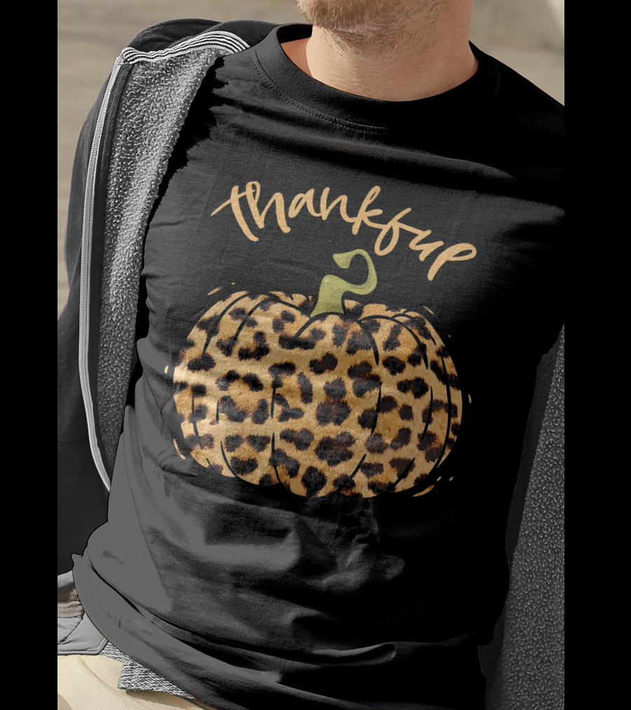 Thankful Pumpkin Fall Leopard Print T-Shirt