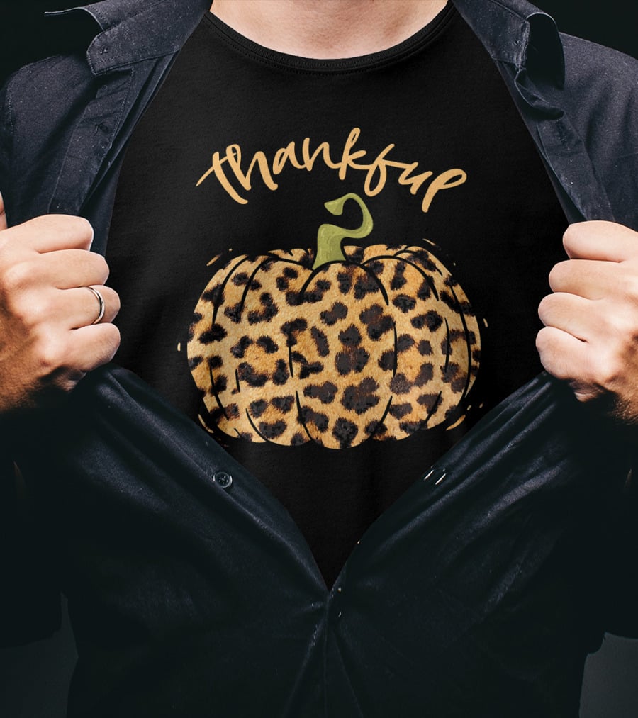 Thankful Pumpkin Fall Leopard Print T-Shirt