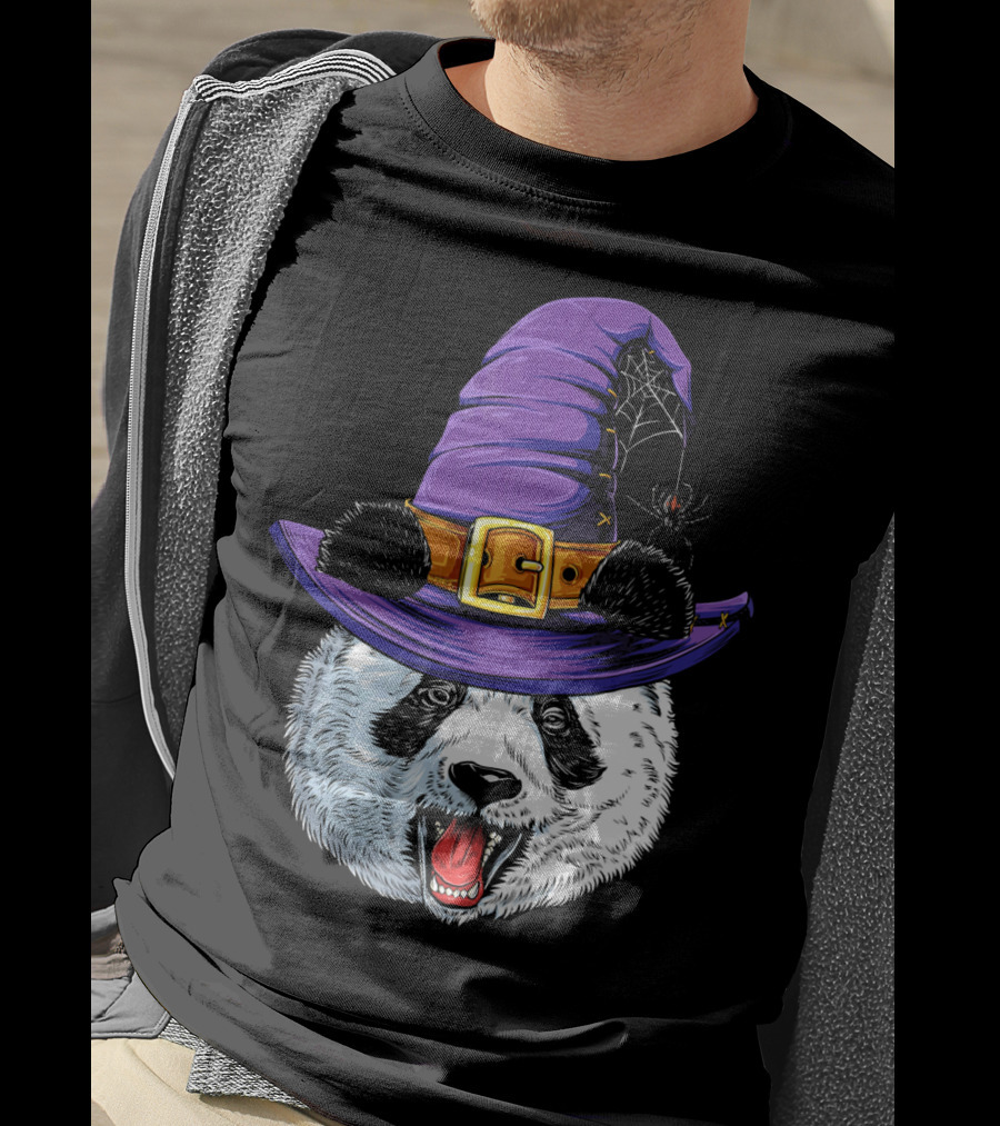 Panda Wearing Witch Hat With Spider Halloween T-Shirt