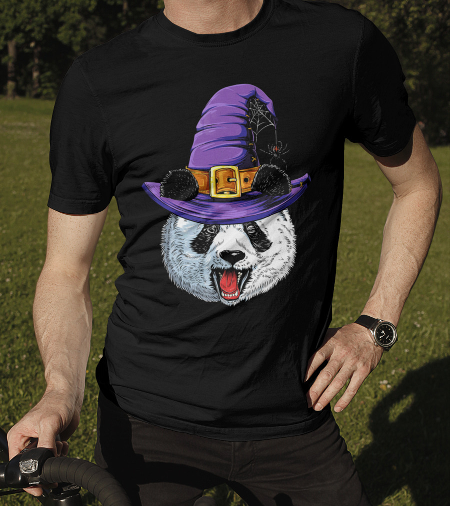 Panda Wearing Witch Hat With Spider Halloween T-Shirt