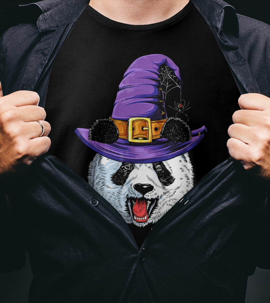 Panda Wearing Witch Hat With Spider Halloween T-Shirt