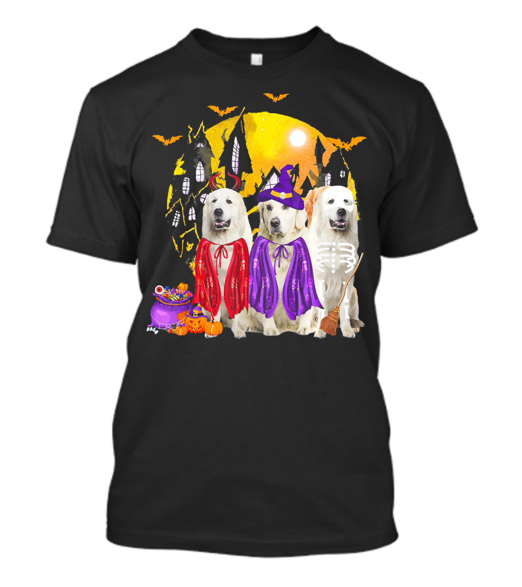 Great Pyrenees Dog Family Of Three Halloween Costumes Moonlit Night T-Shirt
