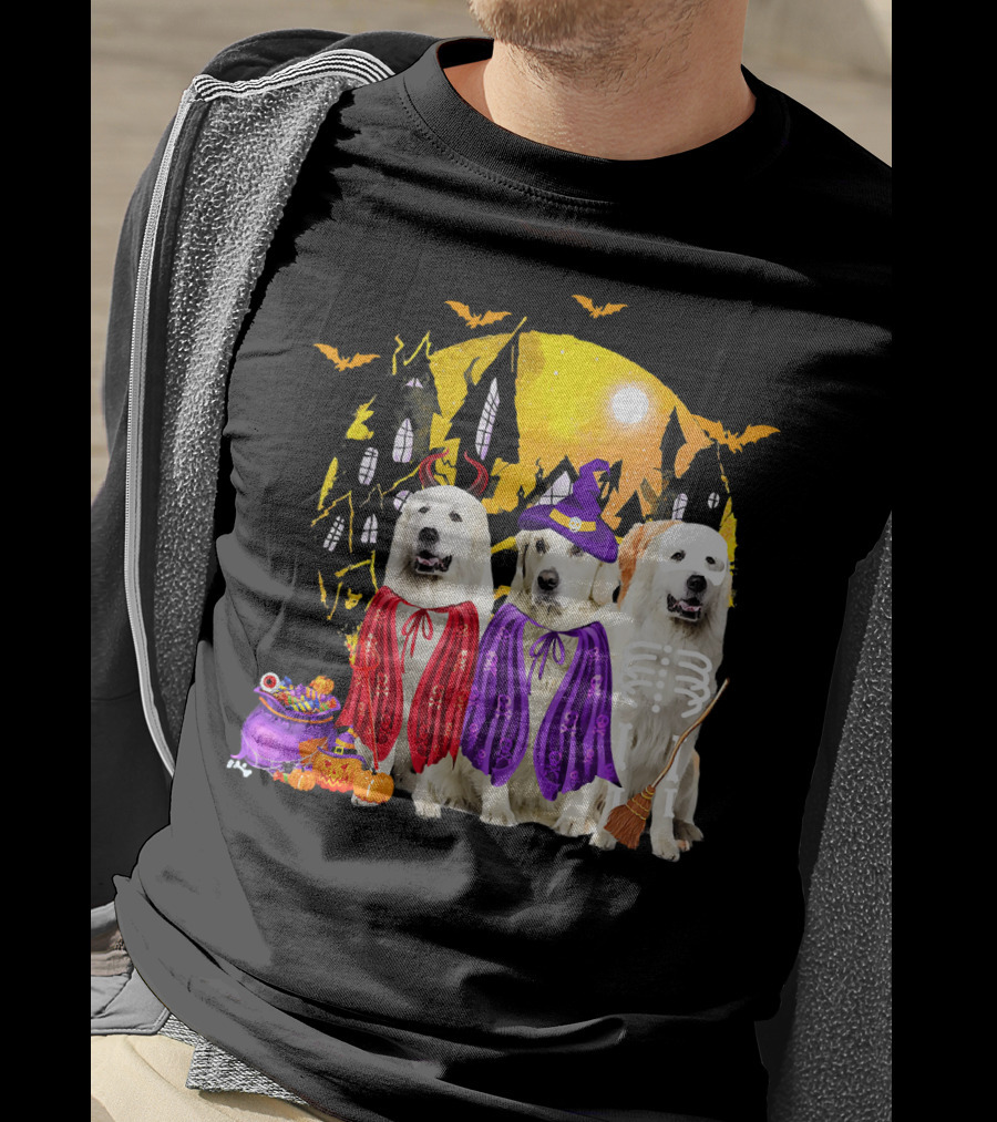 Great Pyrenees Dog Family Of Three Halloween Costumes Moonlit Night T-Shirt