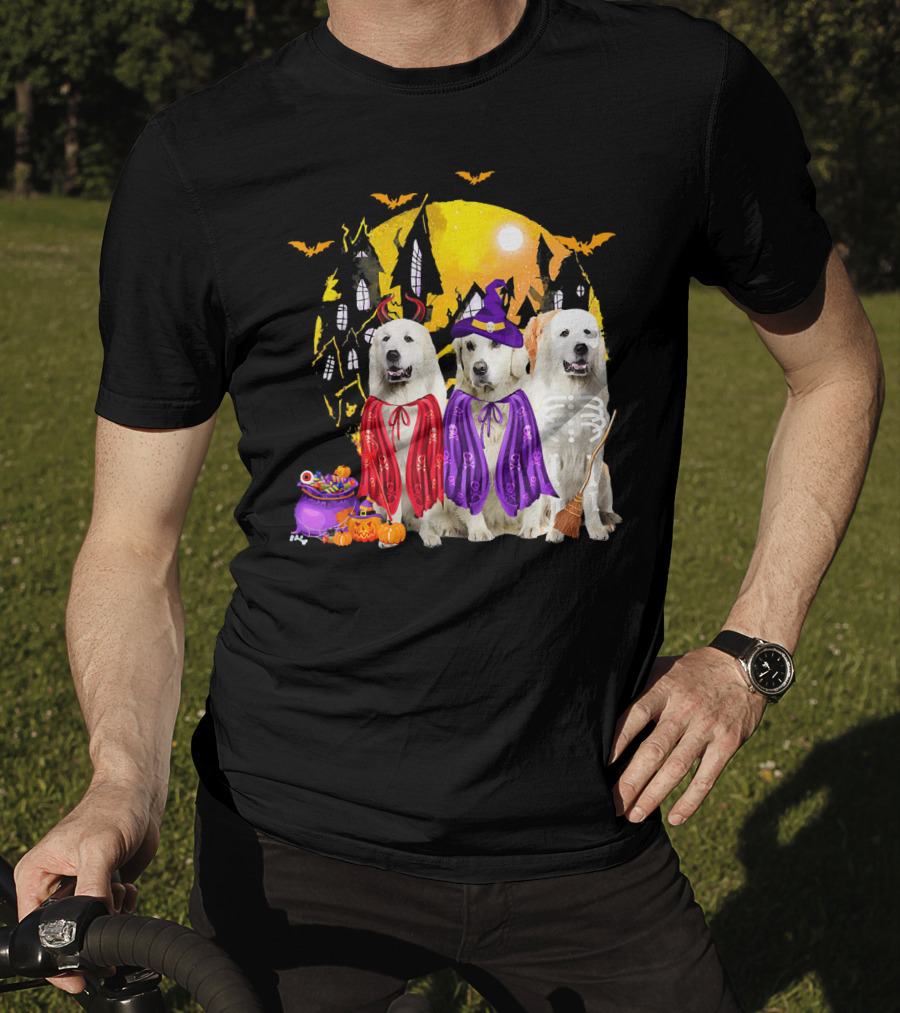 Great Pyrenees Dog Family Of Three Halloween Costumes Moonlit Night T-Shirt