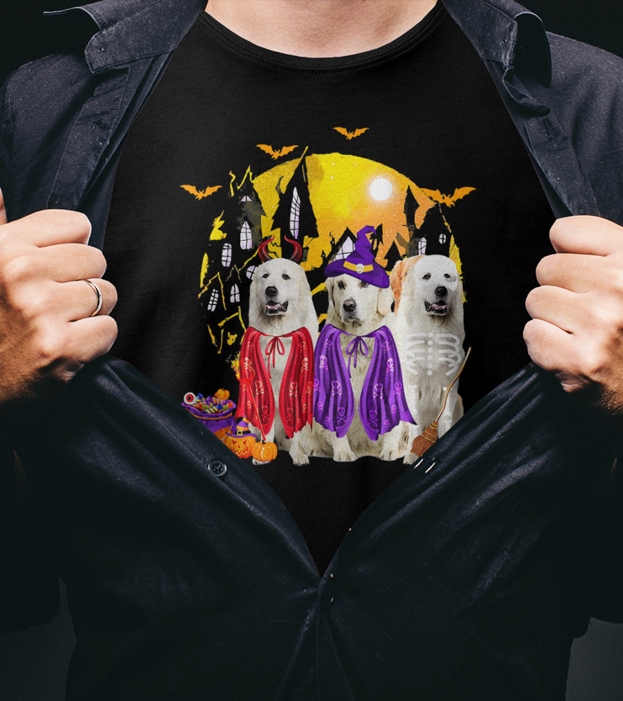 Great Pyrenees Dog Family Of Three Halloween Costumes Moonlit Night T-Shirt