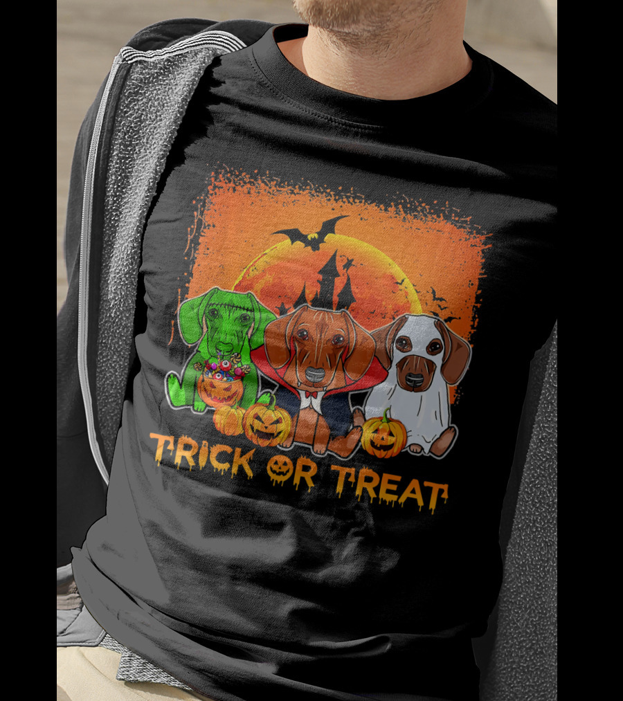 Halloween Dachshund Trio Trick Or Treat With Pumpkins And Moon Background T-Shirt