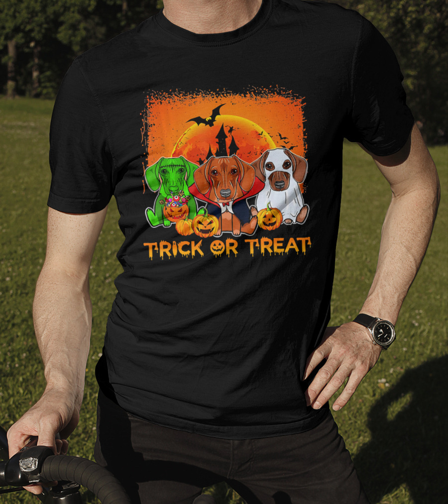 Halloween Dachshund Trio Trick Or Treat With Pumpkins And Moon Background T-Shirt
