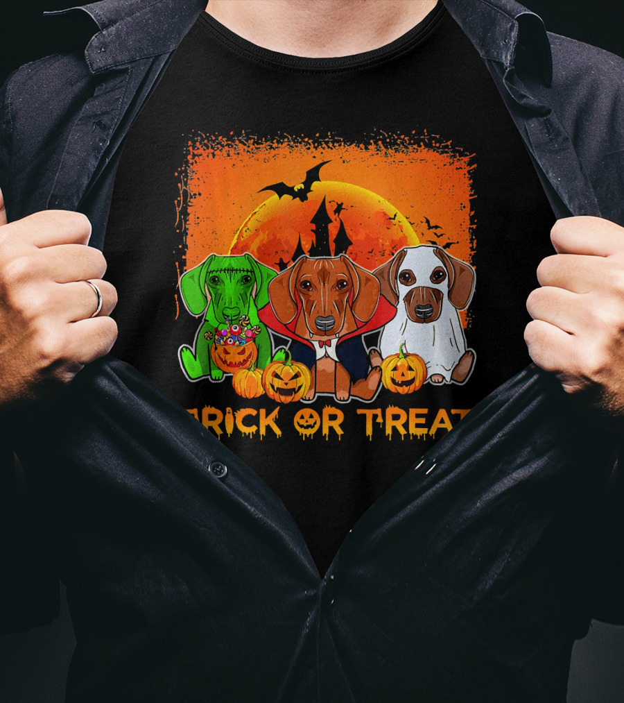 Halloween Dachshund Trio Trick Or Treat With Pumpkins And Moon Background T-Shirt