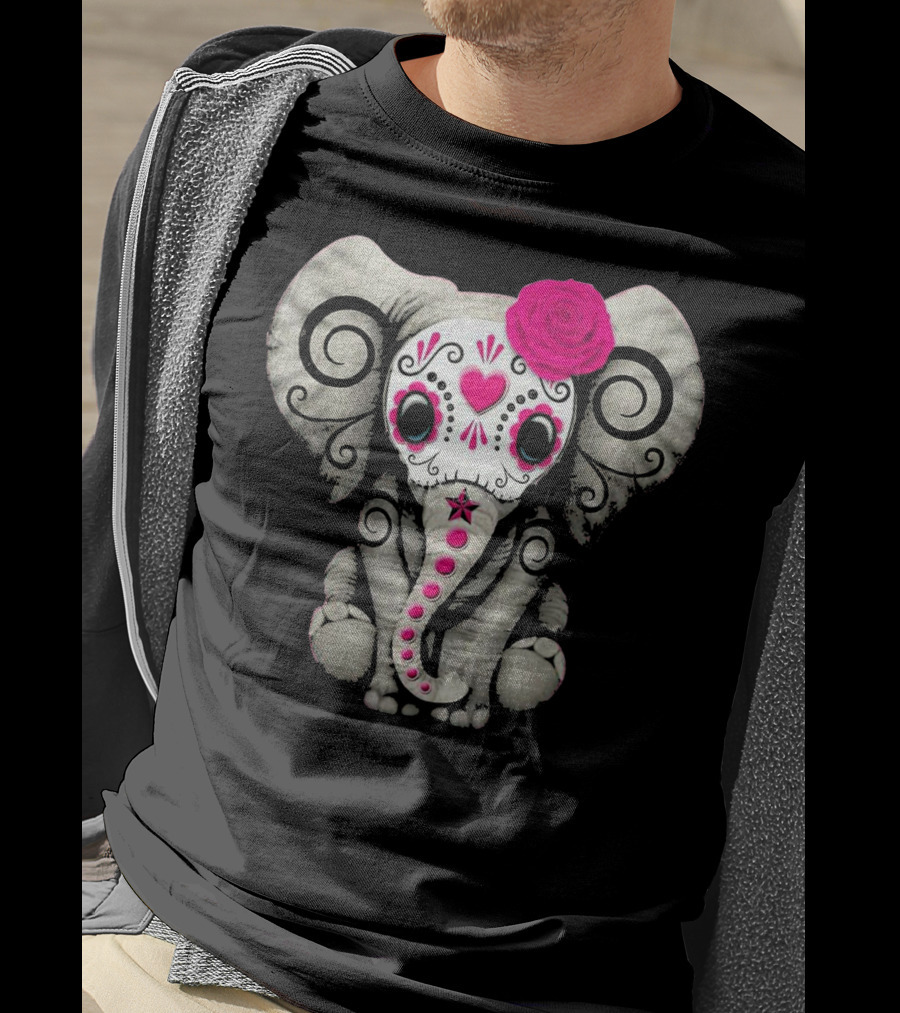 Dead Sugar Skull Elephant Pink Flower T-Shirt