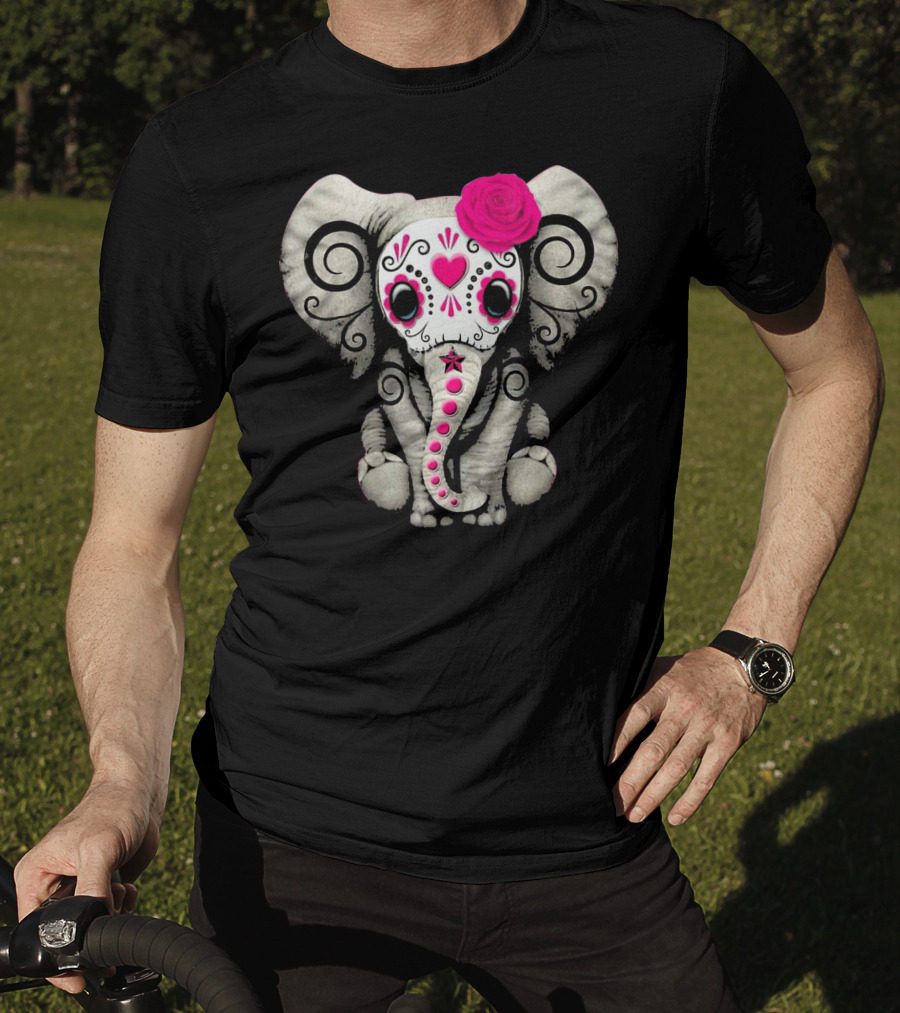Dead Sugar Skull Elephant Pink Flower T-Shirt