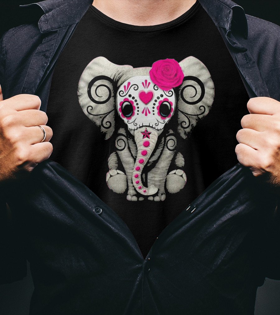 Dead Sugar Skull Elephant Pink Flower T-Shirt