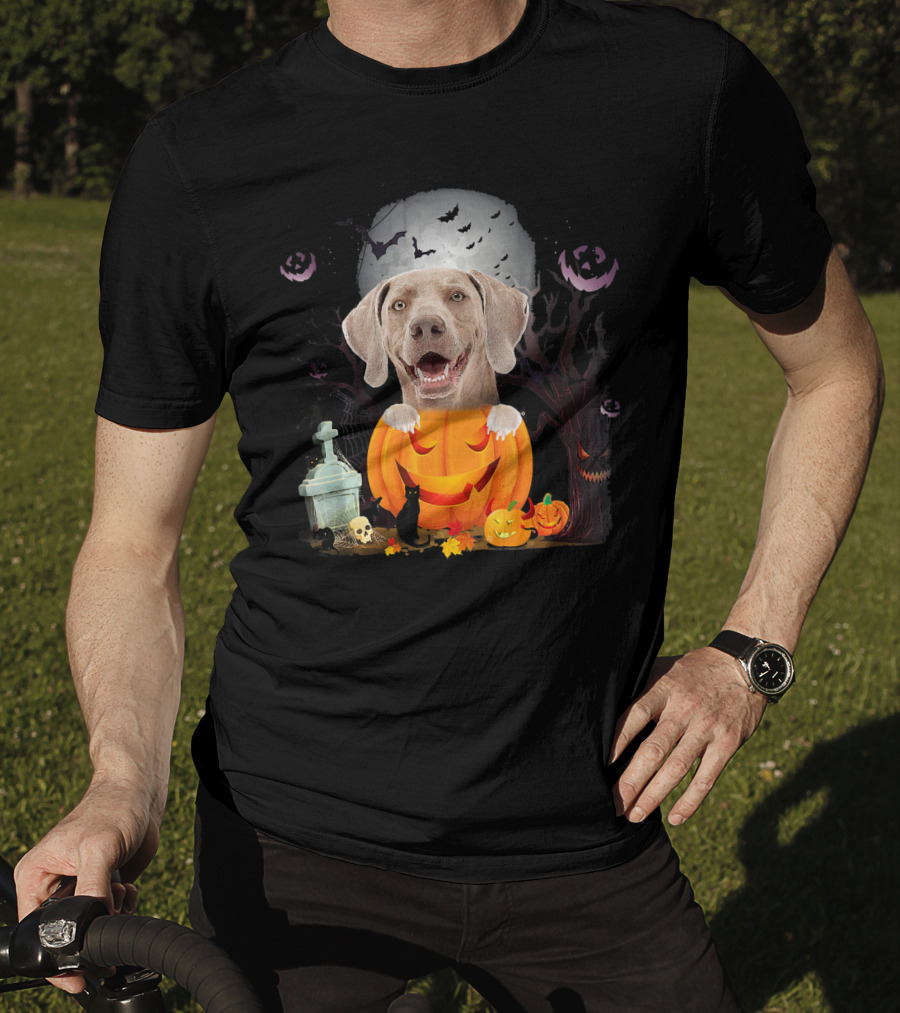 Weimaraner Dog In Halloween Pumpkin With Bats And Black Cat T-Shirt