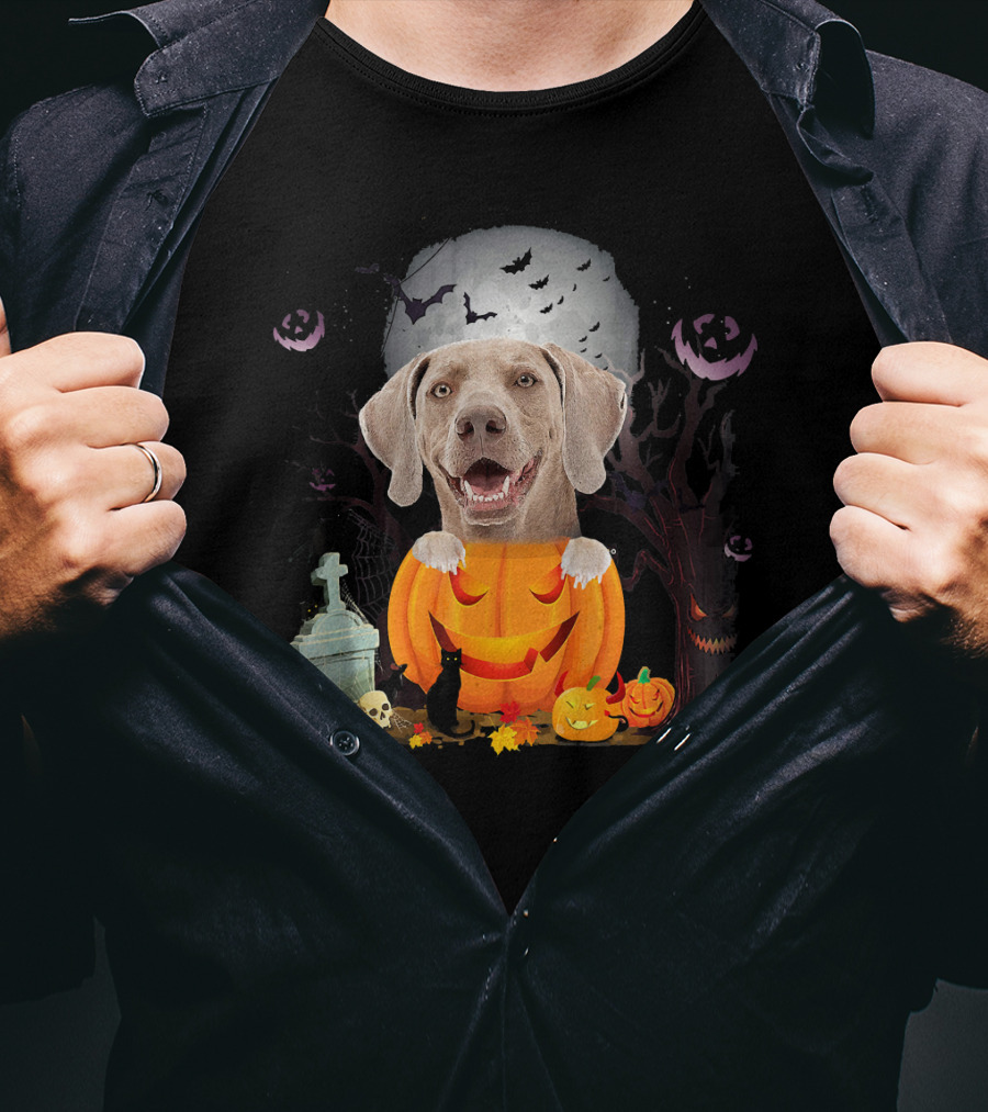 Weimaraner Dog In Halloween Pumpkin With Bats And Black Cat T-Shirt