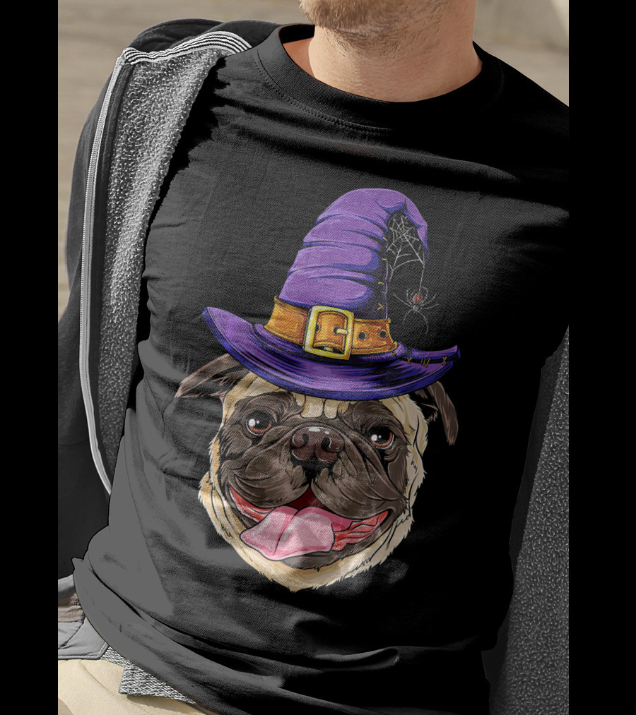 Pug With Witch Hat And Spider Halloween T-Shirt