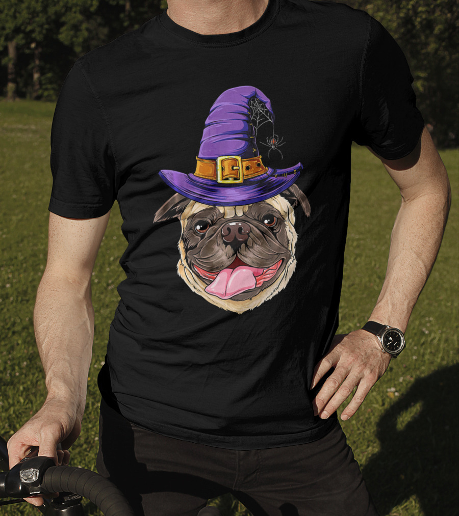 Pug With Witch Hat And Spider Halloween T-Shirt