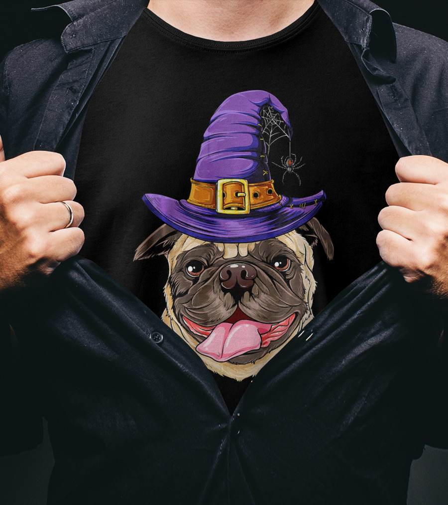 Pug With Witch Hat And Spider Halloween T-Shirt
