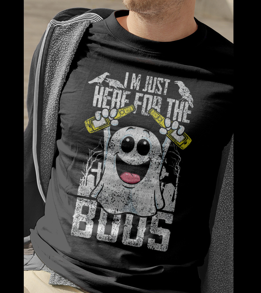 I Am Just Here For The Boos With Ghost Holding Bottles And Ravens Halloween T-Shirt