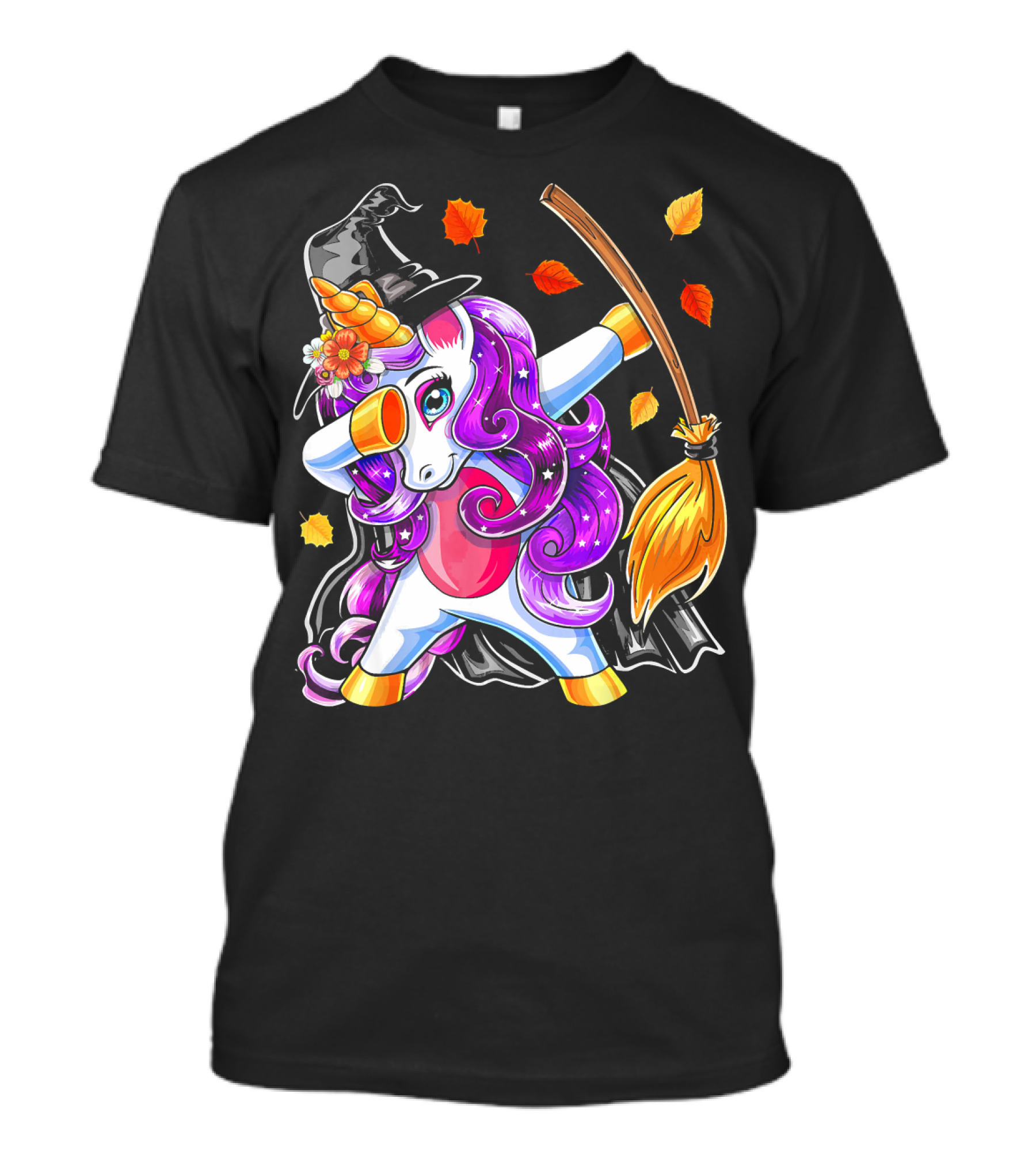 Dabbing Unicorn Halloween Witch With Magical Broom And Autumn Leaves T-Shirt