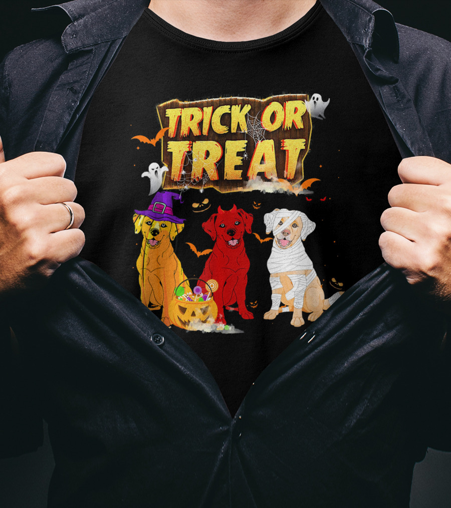 Trick Or Treat Three Labrador Retrievers Halloween Pumpkin Candy Ghosts T-Shirt
