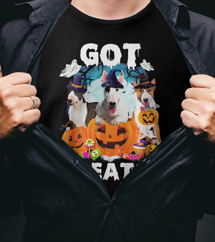 Got Treats Bull Terrier Halloween Ghosts Pumpkins T-Shirt