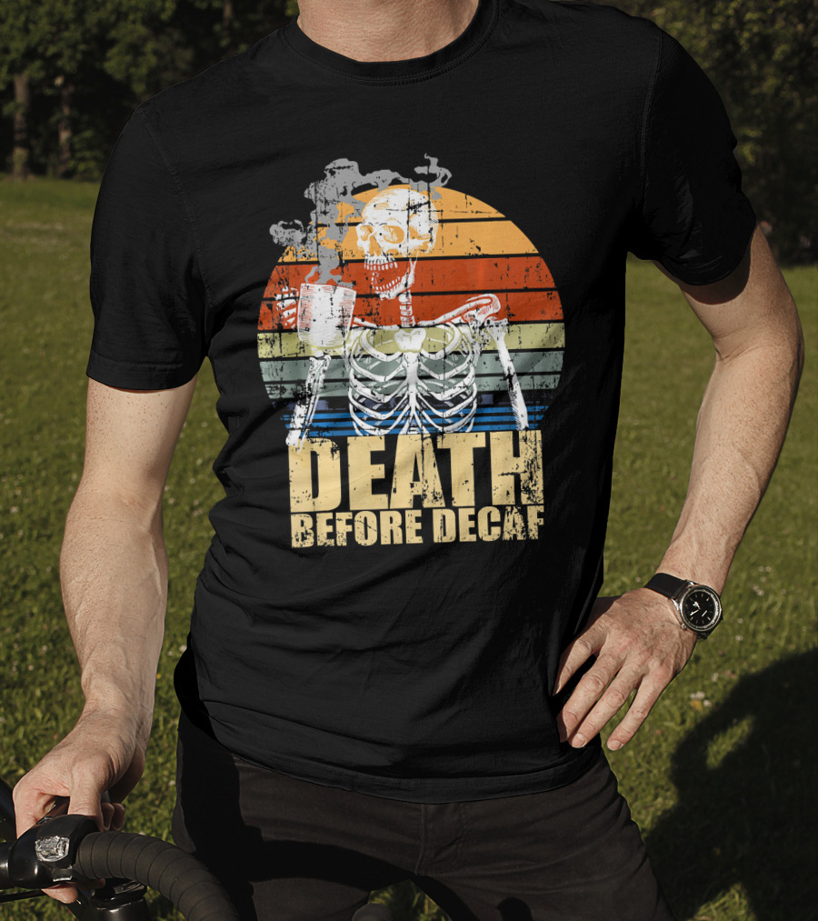 Vintage Death Before Decaf Coffee Skeleton Retro Sunset T-Shirt
