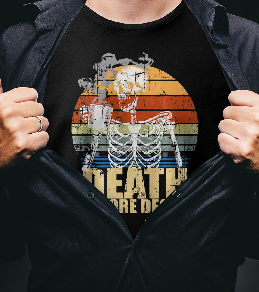 Vintage Death Before Decaf Coffee Skeleton Retro Sunset T-Shirt