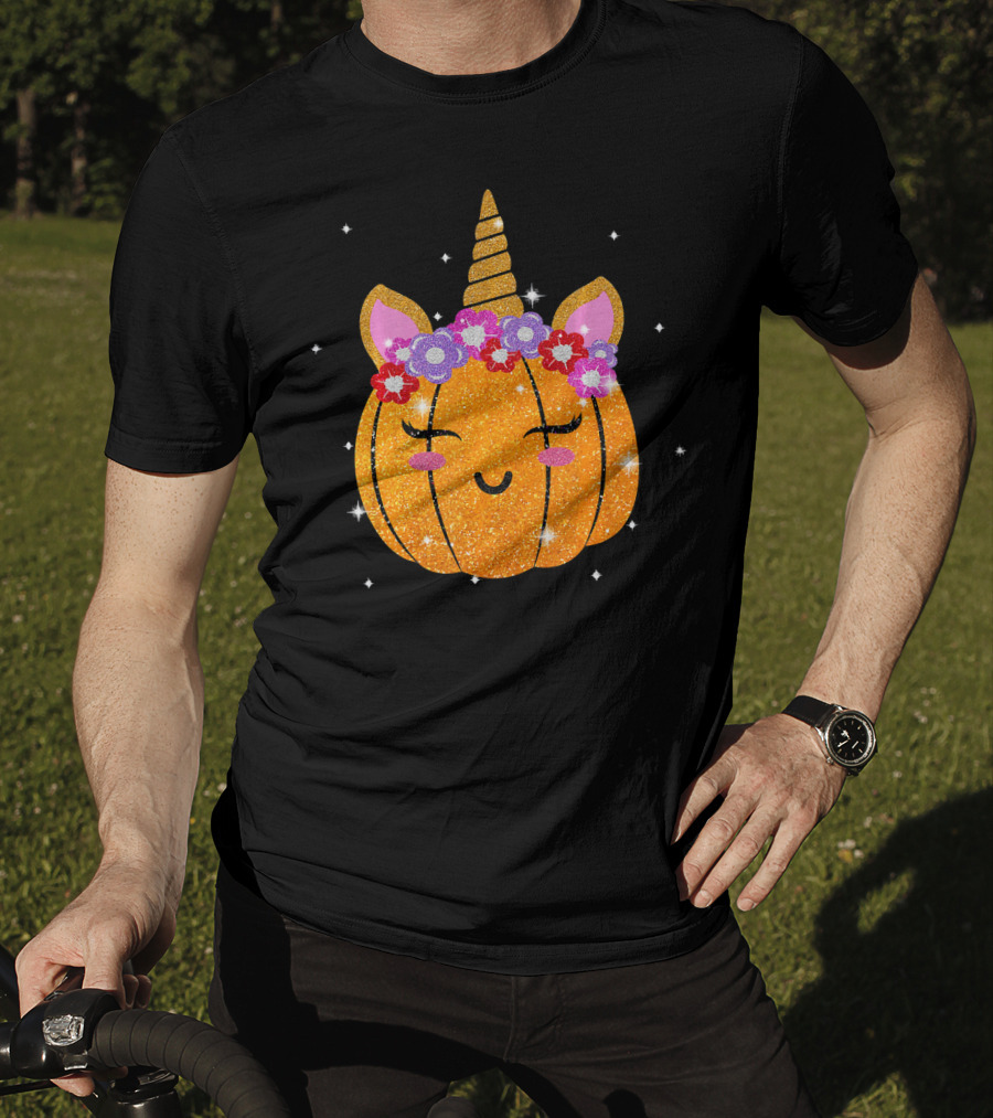 Cute Unicorn Pumpkin Glitter Funny Halloween Sparkles T-Shirt