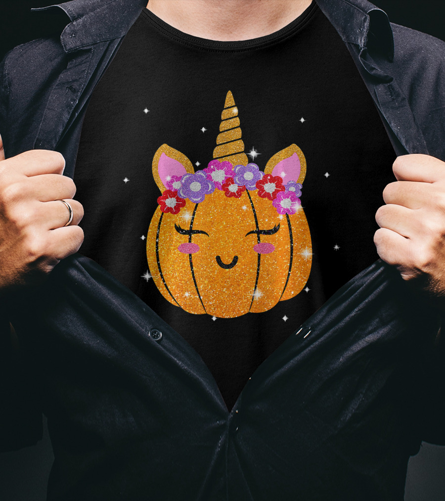 Cute Unicorn Pumpkin Glitter Funny Halloween Sparkles T-Shirt